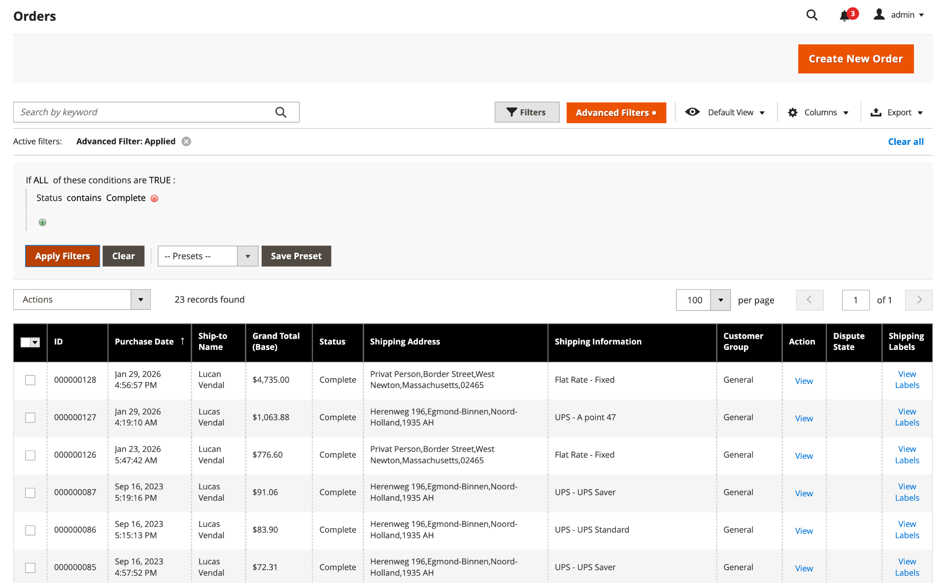 Orders grid advanced filters