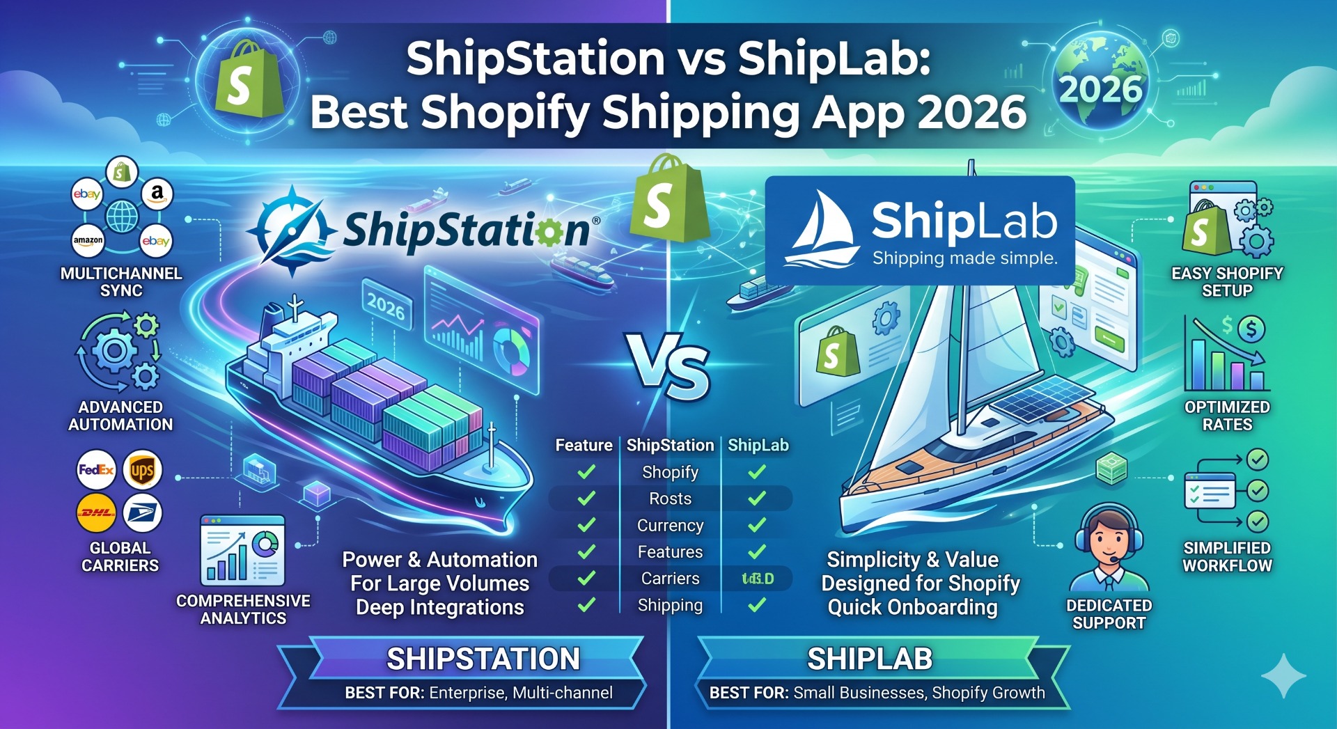 ShipStation and ShipLab logos on a balance scale graphic