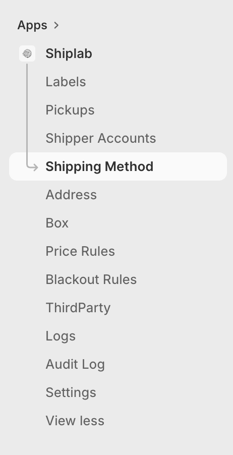 Shopify Admin with Shiplab embedded navigation