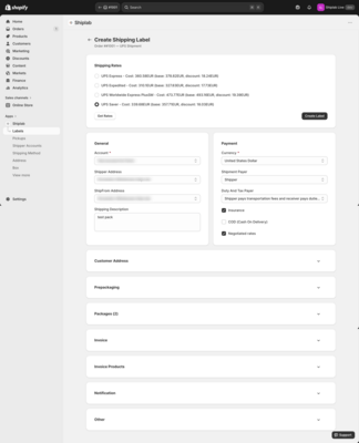 Label creation multi-step wizard with rates panel