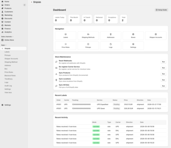 Dashboard with stats and quick actions