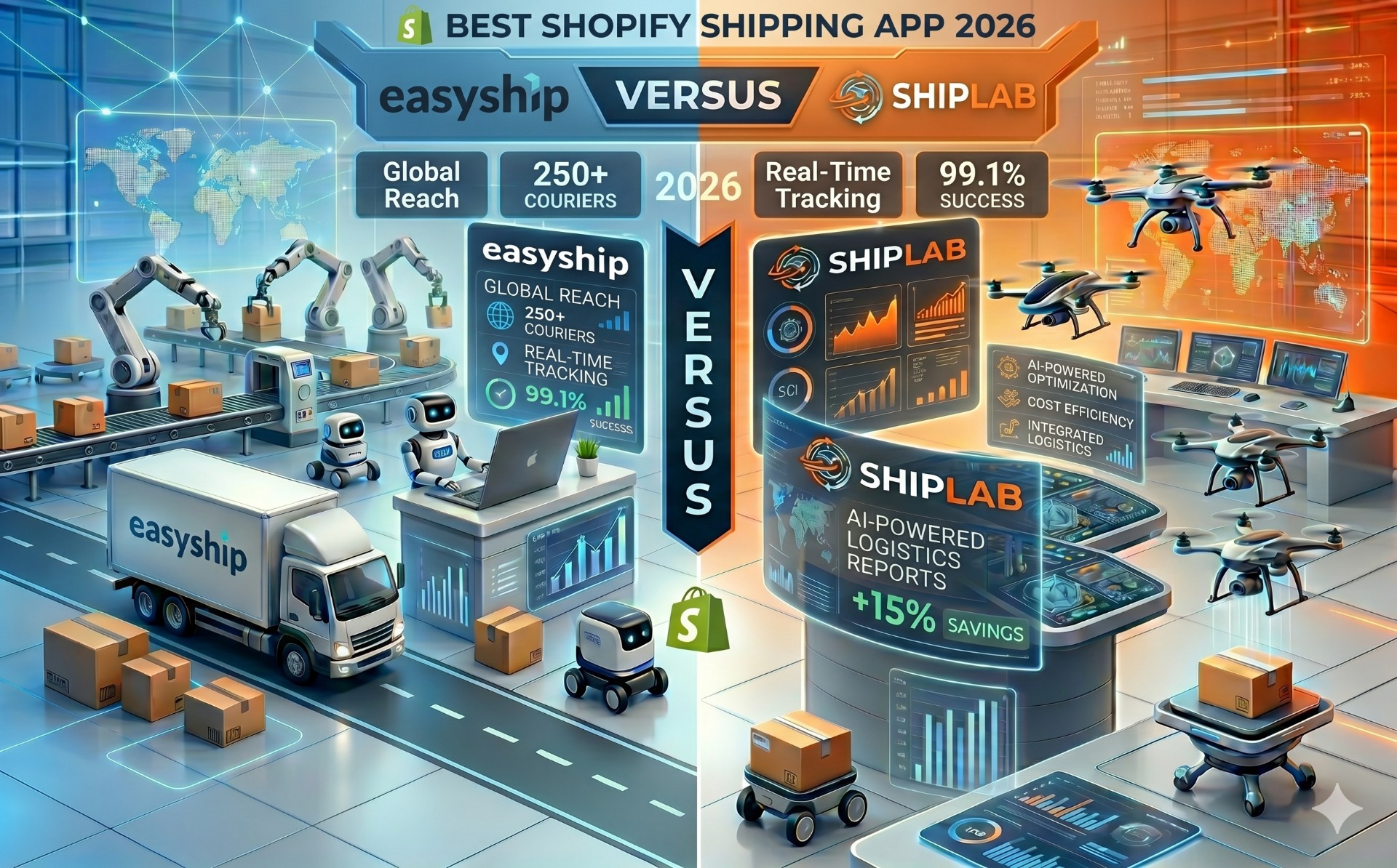 Easyship- und ShipLab-Logos auf einer Waage-Grafik