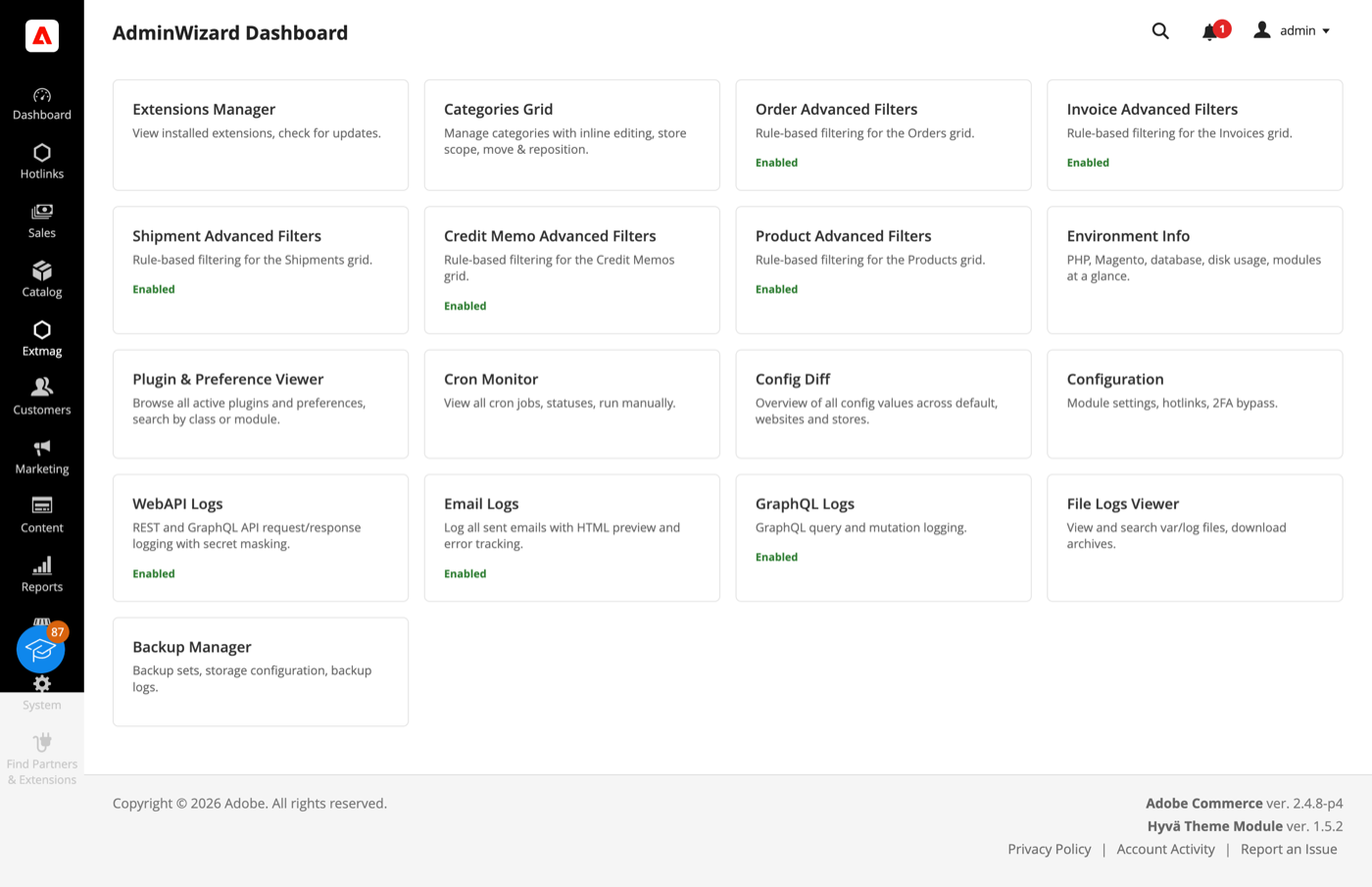 AdminWizard dashboard with every tool as a card