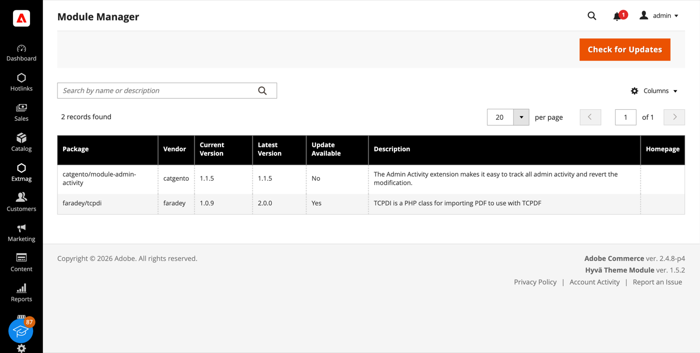 Extensions List with current and latest version