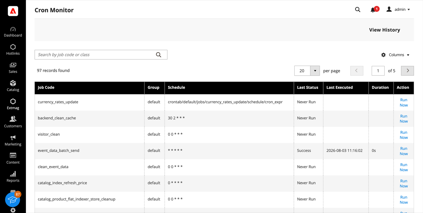 Cron Monitor listing every job with its last status