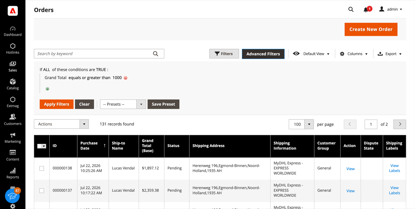 Advanced Filters panel on the Orders grid