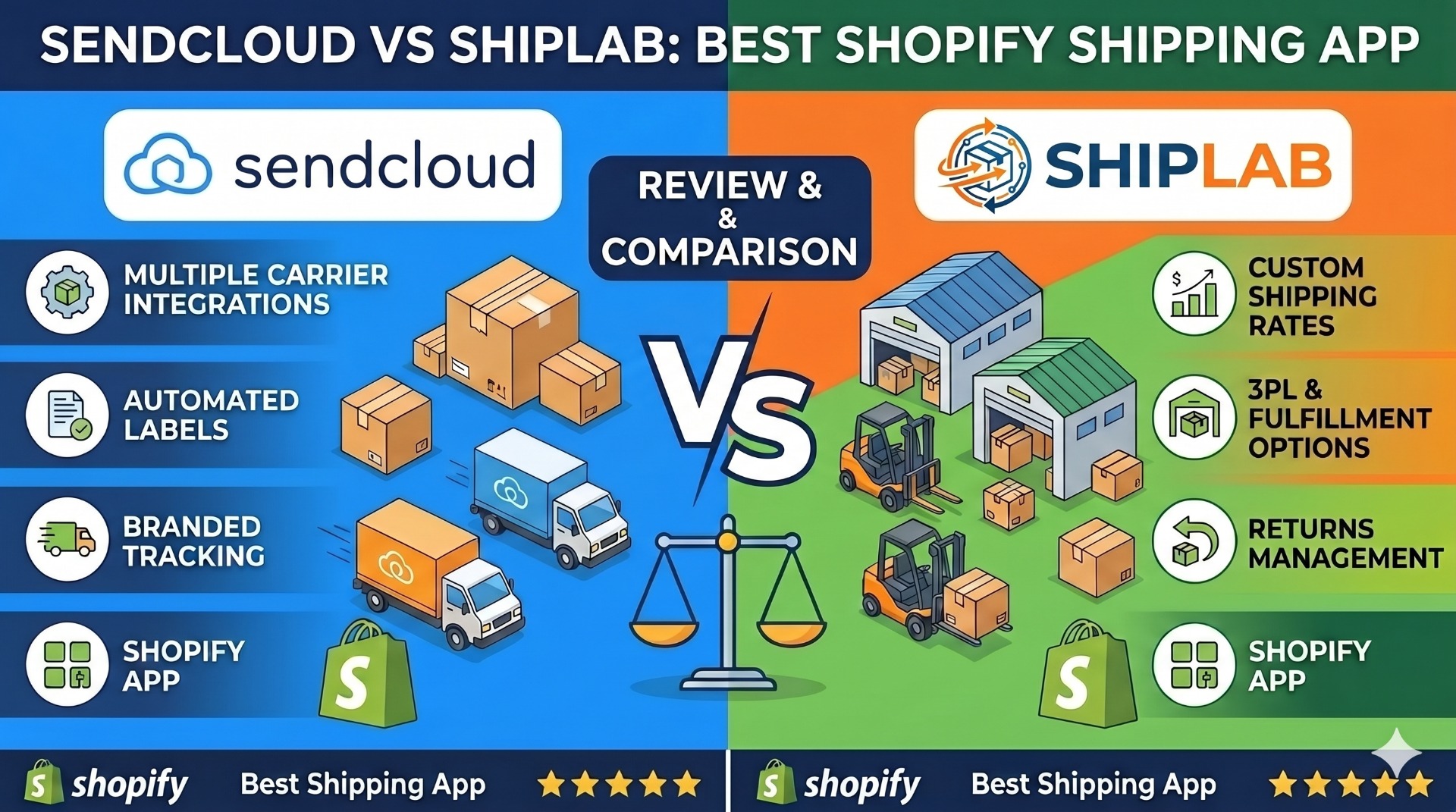 Sendcloud and ShipLab logos on a balance scale graphic